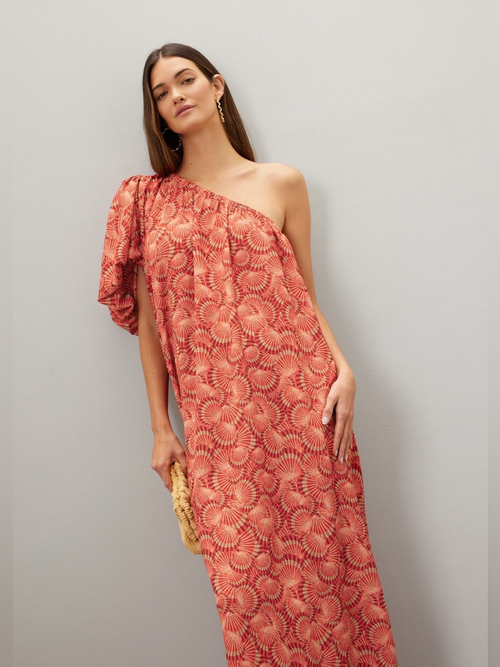 One-Shoulder Coral Printed Maxi Dress